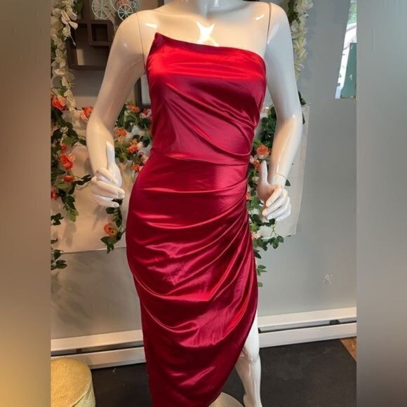 Strapless Asymmetrical Corset Satin Evening Dress One shoulder Red M RfI036-2 - Picture 9 of 11